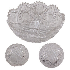 Vintage Cut Glass Crystal Bowl ABP Style Sawtooth Rim Starburst Pattern 8"